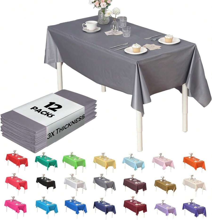(12-Pack Heavy Duty Plastic Table Covers Tablecloth (Reusable) (Rectangle 54" X 108", Silver) - Silver - View 1
