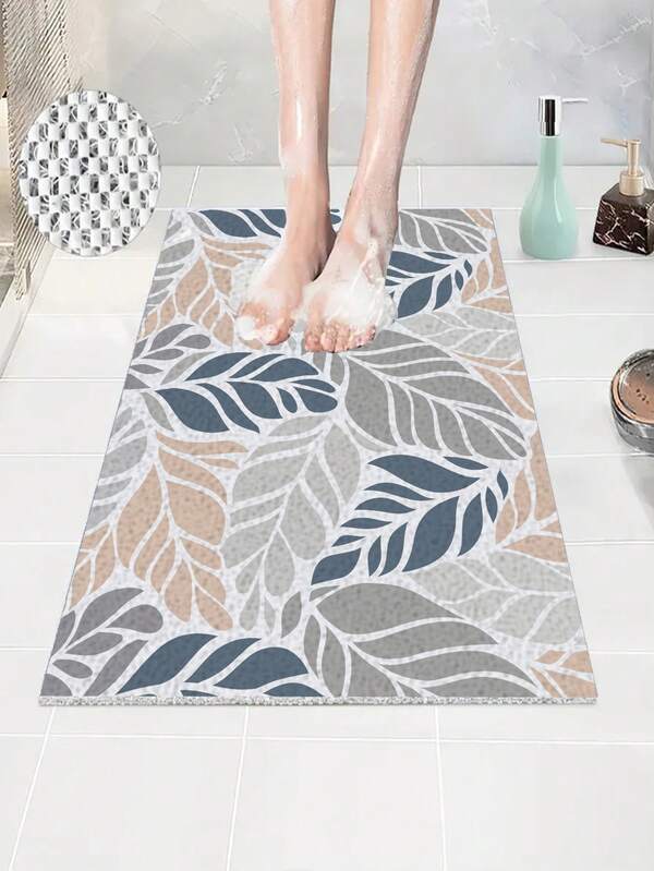 1pc PVC Material Bathroom Mat, Fresh Leaf Style, Bathroom Mat With Drainage Holes, Hollow Drainage Pad For Bathroom, Home Bathroom Foot Pad, Quick Drying PVC Shower Mat, Suitable For Damp Areas, Shower Room, Easy To Clean And Maintain, Suitable For Entrance Doormat To Wipe Off Dust