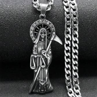 Collar de Santa Muerte, el Santo Muerto, la Parca, de acero inoxidable color plata, para hombre, regalo de joyería