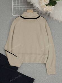 Lässiges Top für den Herbst, französischer Stil Damen gestrickter Pullover, Farbblock, Rückkehr zur Schule Kleidung, amerikanisches langes Hemd, modisch, Lehreroutfit, 70er Jahre Strickware, Pendeln, minimalistisch, Bürokleidung, Retro, einfach, französisch, einfarbiger Pullover, Vintage Herbst-Top, Apricot, Lehrerpullover, Rollkragen, Dropped-Shoulder Langarm, Damen lose Farbblock Langarm gestrickter Pullover, geeignet als Oberbekleidung