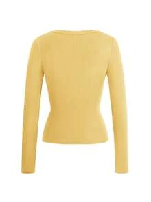 Vaiaye 女士性感修身针织长袖上衣，纯色 V 领 T 恤，适合情人节穿着 - 黃色 - 查看 4