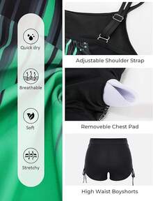 Womens Plus Size Striped Printed Strappy Tankini Top With Shorts Two Pieces Swimsuit - Green - View 3