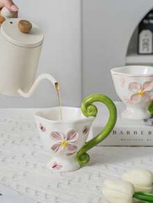 1 Set Creative Floral Hand-Painted Ceramic Coffee Mugs, Household High Handle Cups - Multicolor - View 1