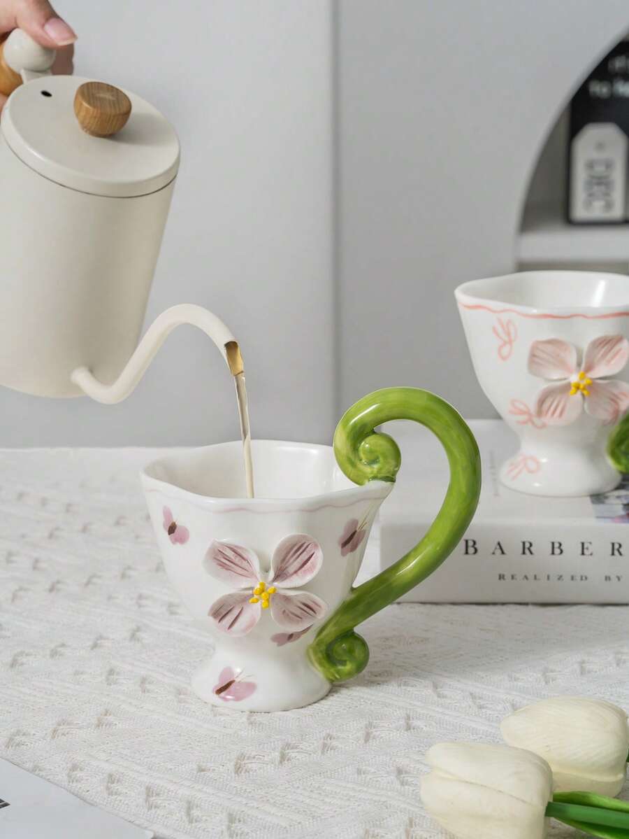 1 Set Creative Floral Hand-Painted Ceramic Coffee Mugs, Household High Handle Cups - Multicolor - View 1