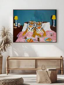 1幅复古趣味极繁主义老虎墙画，多巴胺动物之爱帆布海报，幽默老虎吃披萨图案油画；粉色兔子拖鞋墙画，条纹睡衣帆布海报，极简主义美学海报；卧室装饰 - 彩色 - 查看 18