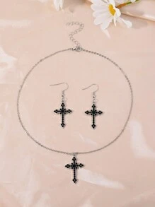 1 Peça Colar Pingente de Cruz + 1 Par de Brincos de Cruz Oca, Conjunto de Joias Femininas com Diamantes, Estilo Gótico Escuro Punk