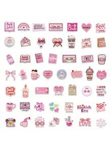 50pcs Book Lover-Themed Pink Stickers For Luggage, Phone Case, Tablet, Cartoon, School Supplies,Back To School - Multicolor F - View 5