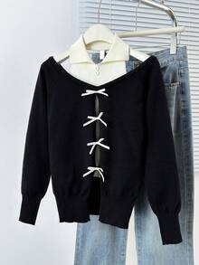 秋季不对称领修身罗纹针织T恤 - 黑色 - 查看 3