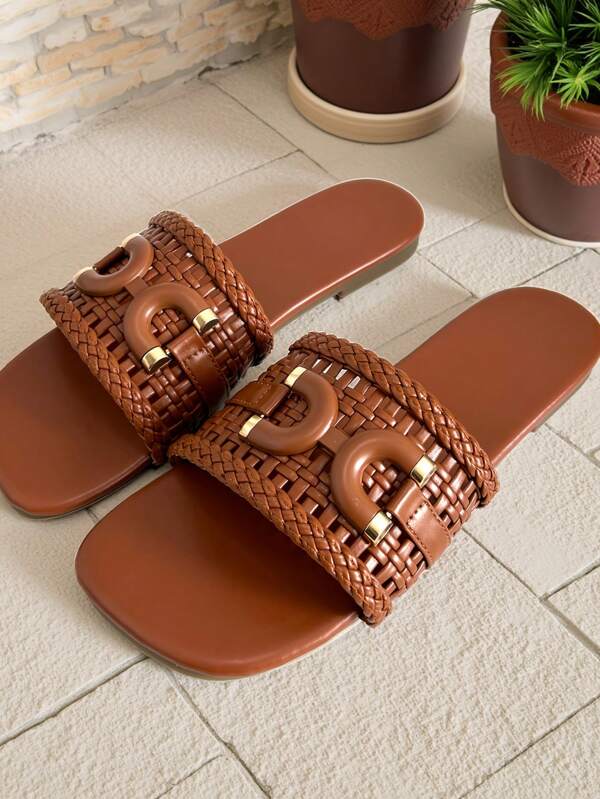Sandalias planas cómodas de mujer, estilo básico, suela gruesa, para playa/oficina/exterior, boho, estilo de vacaciones, tejidas, con correa, hebilla de metal, respirables y de lujo