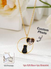 Customized Double-Sided Photo Necklace, Stainless Steel Women Cat Silhouette Pendant Necklace, Customized Pet Photo, Family Photo, Pet Memorial Gift, Gift For Friends, Birthday Gift, Thanksgiving Gift, Easter Gift