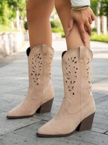 Damen bestickte Knöchel-Stiefel, neue Chunky Heel Retro Cowboy Stiefel für Frühling/Herbst, in Khaki Farbe, perforiert und atmungsaktiv, vielseitig einsetzbar