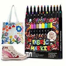 12/24pcs Fabric Markers, Washable, Colorful, Water-Based, DIY Graffiti Pens For Cloth Drawing School Supplies, Back To School - Multicolor - View 1