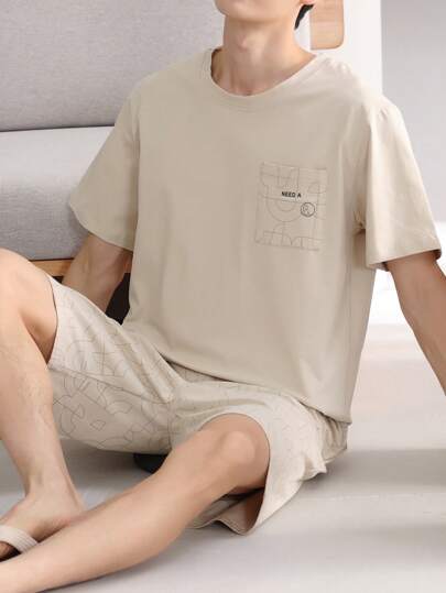 AICJ 2pcs Men's Casual Plain Relaxed Fit Round Neck Short Sleeve T-Shirt And Shorts Loungewear Set, Spring/Summer