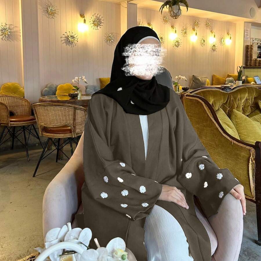 Floral Embroidered Beaded Flare Sleeve Abaya, Traditional Arabic Robe Spring - Olive Brown - View 1