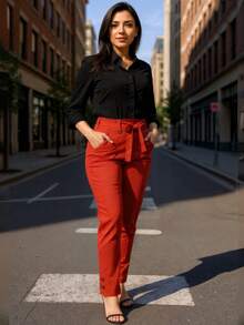 Women's Tailored Linen Trousers, High Waist With Belt, Tie Band And Elastic Waistband - Đỏ - Xem 3