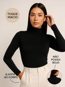 Blusa Feminina Gola Alta Manga Longa - Viscolycra Premium  Simples    Tecido    Nenhum    Noite  Diário