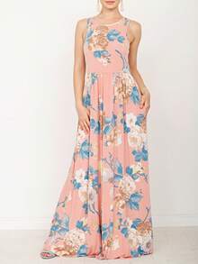 Boho Retro Vintage  Solid  Grey Color Block Color Sleeveless Grey Maxi Dress Racer | S-3X - 淺粉紅色 - 查看 1