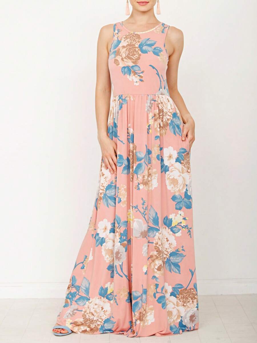 Boho Retro Vintage Solid Grey Color Block Color Sleeveless Grey Maxi Dress Racer | S-3X - 淺粉紅色 - 查看 1