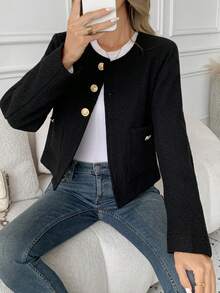 女士黑色夹克，秋季粗花呢长袖上衣，优雅圆领短外套，带口袋，适合工作和办公室的短款粗花呢西装外套 - 黑色 - 查看 2