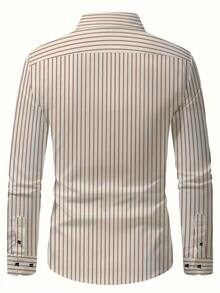 Men's Printed Striped Silver Trim Button Formal Long Sleeve Shirt, Fall - Khaki - View 3