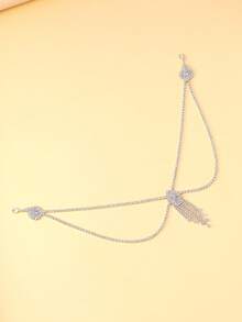 1pc Fully Rhinestoned Cross Back Chain With Water Drop Tassel, New Fashion Bridal Gown Body Chain - Silver - View 3