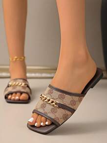 [Sandalias planas casuales] Sandalias planas casuales de verano para mujeres con hebilla de cadena, punta abierta, de slip-on, suela de TPR - Adecuadas para la playa