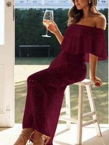 2026夏季新款优雅系带露肩镂空针织连衣裙，酒红色，女士度假装，女士春季穿搭，街头风，女士优雅连衣裙，女士邮轮装，沙滩装，度假装，派对礼服，女士生日装，节日服装，女士新年装，商务休闲女装 - 酒紅色 - 查看 1