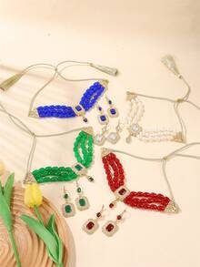 1 套女士项链耳环首饰套装，中东时尚首饰套装，复古宫廷风格新娘婚礼项链耳环套装 - 水滴形 - 查看 7