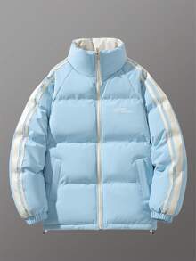 Men's Long Sleeve Fashion Colorblock Side Tape Decor Letter Print Elastic Cuff Reversible Warm Padded Coat For Winter - Baby Blue - View 1