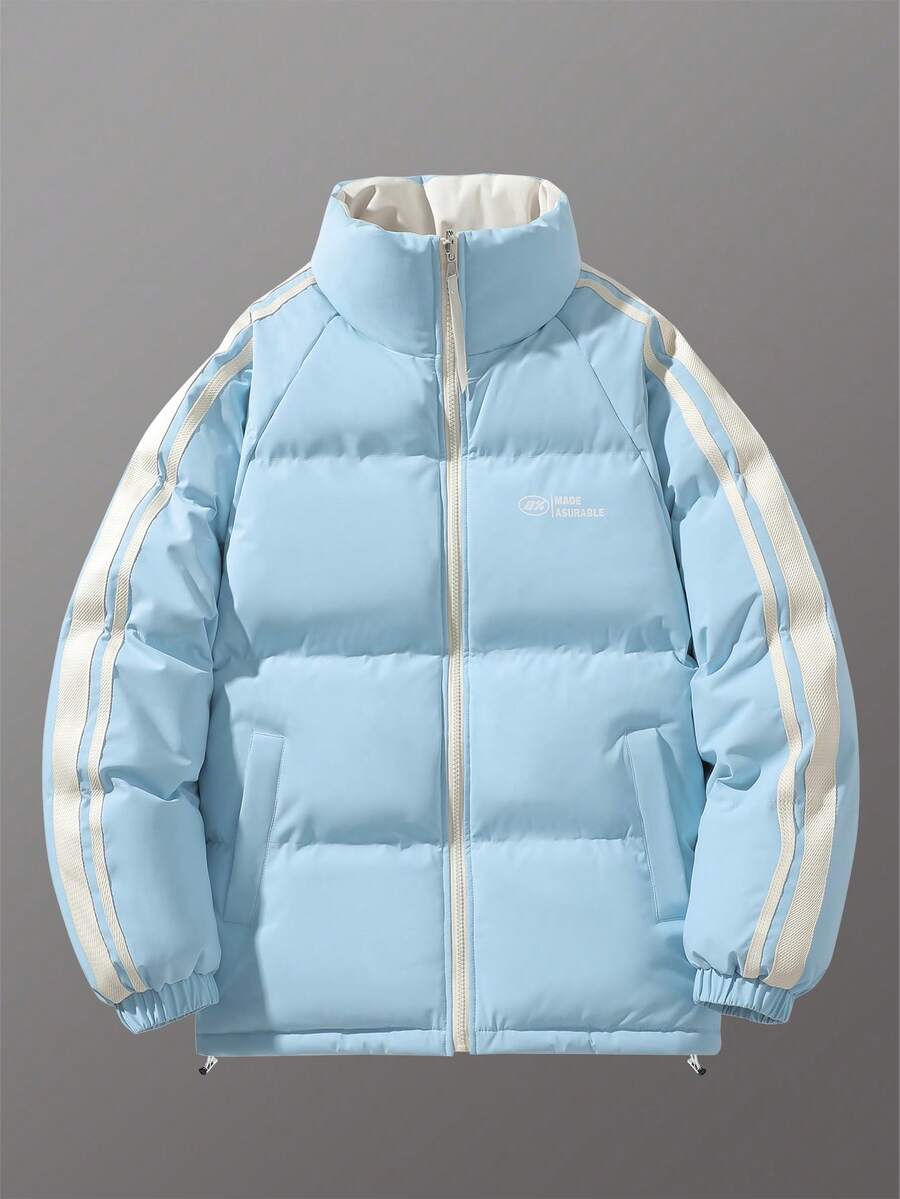 Men's Long Sleeve Fashion Colorblock Side Tape Decor Letter Print Elastic Cuff Reversible Warm Padded Coat For Winter - Baby Blue - View 1