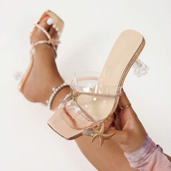 Transparent Crystal Embellished Slippers Women, One Strap Slip On Butterfly Metal Buckle High Heel Mules