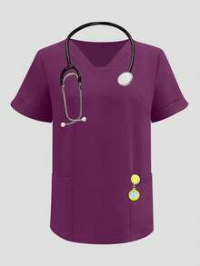 Solid Color V-Neck Short Sleeve Top And Slit Long Pants Lab Nurse Scrub Uniform Outfit, Pet Hospital Clinic Workwear Set With Pockets Spring - Red Violet - View 5