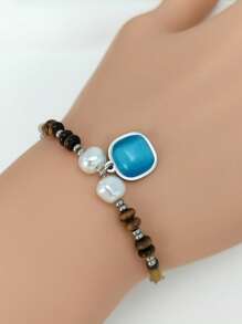 1pc Women's Blue Natural Stone Beaded Bracelet, Summer Fashion Jewelry