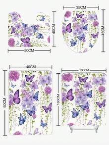 1/4pcs Purple Watercolor Butterfly Print Shower Curtain, Waterproof Polyester Material, Simple Style Home Decor Shower Curtain Set Include Toilet Seat Cover, U-Shaped Mat, Anti-Slip Bath Mat Back To School Bathroom Decor