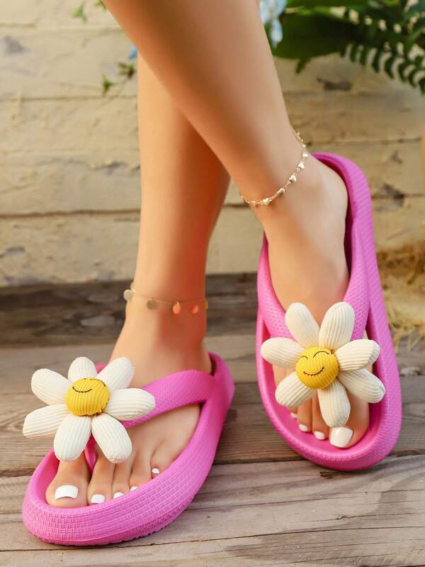 Summer Beach Holiday Sandals, Thick Sole Non-Slip Plastic Slippers, Casual Versatile Flip-Flops With DIY Smiling Sunflower Decor