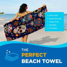 1 Stück Strandtuch mit Blumen-Totenkopf Design, ultra-weiches Mikrofaser Extra Groß Stranddecke, super saugfähiges Badetuch, geeignet für Reisen, Pool, Tauchen, Surfen, Yoga, Camping, in Erwachsenen- und Kindergrößen erhältlich, Strandaccessoires