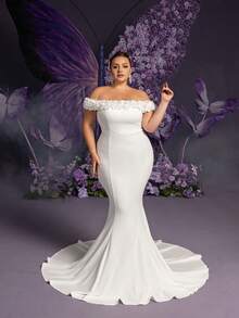 Faeriesty Bride Plus 优雅露肩美人鱼婚纱，配有精致的花朵肩饰和飘逸的拖地长裙 - 浪漫新娘礼服，非常适合婚礼仪式、梦幻花园招待会和室内新娘摄影 - 白色 - 查看 3