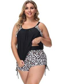 Tankini de talla grande para mujer con parte superior estampada a rayas y tirantes, con shorts, conjunto de dos piezas de traje de baño - Leopardo - Ver 3