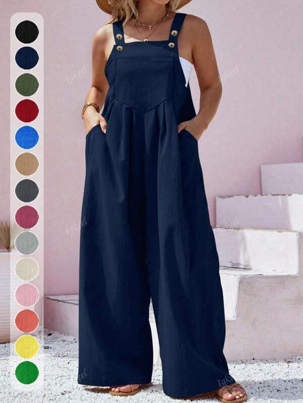 Plus Size Spring / Summer /Autumn Casual Solid Color Wide Leg Bib Overall Jumpsuit