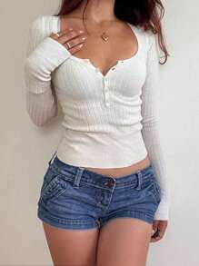 Mystra Women Casual Button Up Ribbed Slim Fit Long Sleeve Sweater , T-Shirt Suitable For Summer And Autumn/Winter Seasons