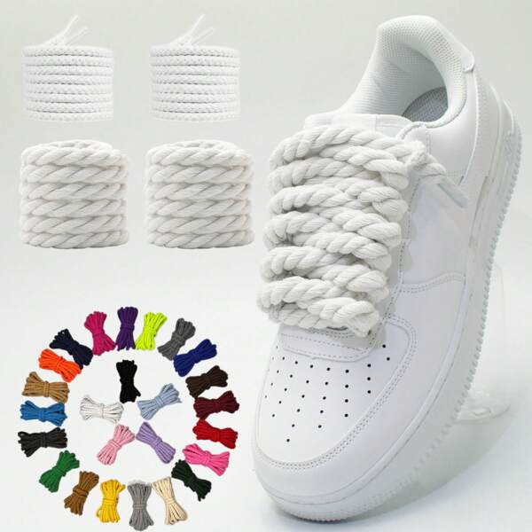 2 Pairs Of Round 8mm/5mm Solid Color Hand-Woven Hemp Rope Thick Shoelaces