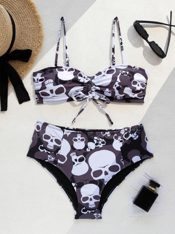 Skeleton Print Sexy Drawstring Swimsuit, Suitable For Beach, Holiday, All Season