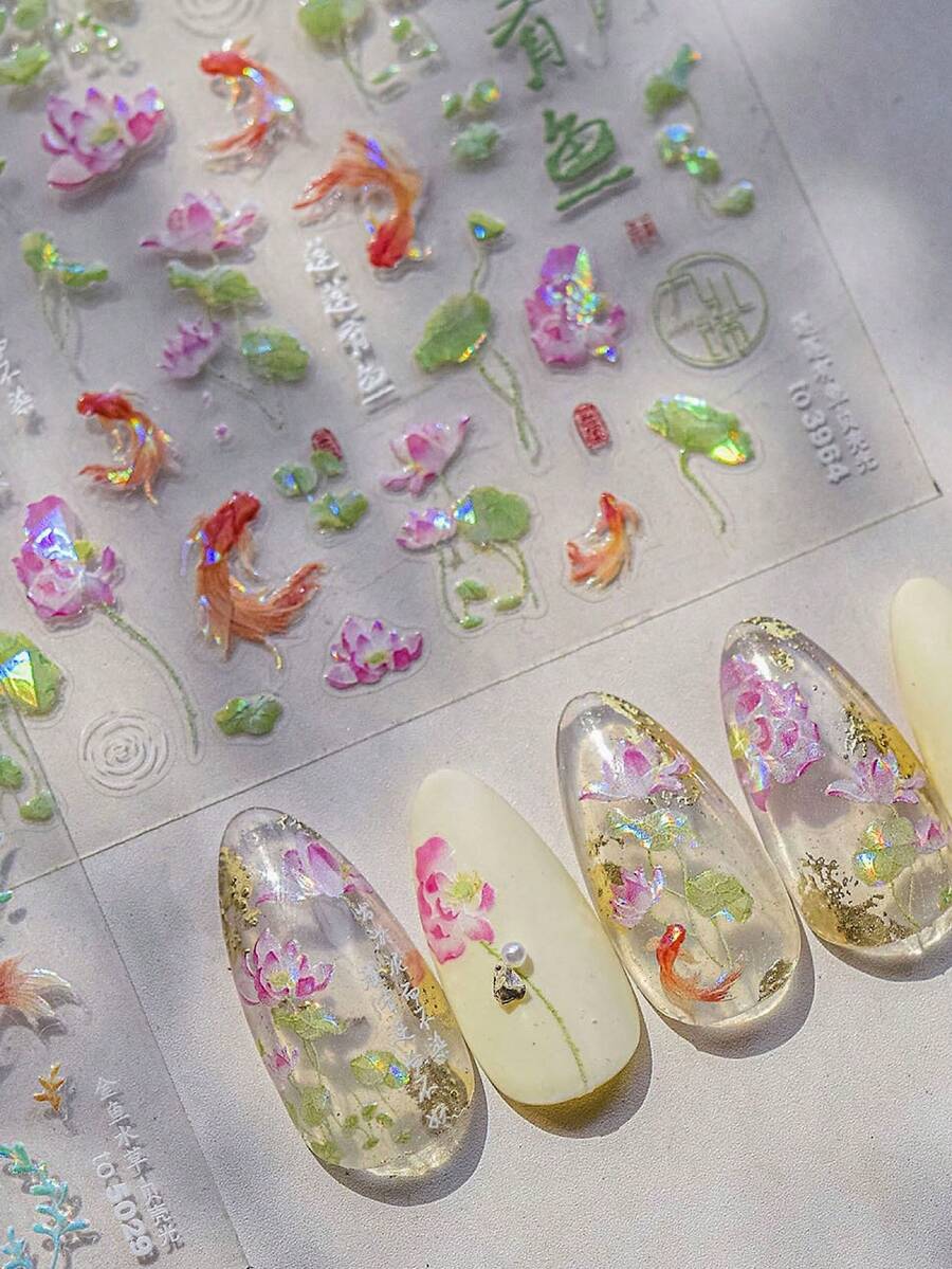 1 pieza Calcomanías de uñas con diseños orientales de carpa Koi y flor de loto, autoadhesivas, con diseños de alivio 3D de flores y peces para una manicura elegante, desechables, decoración de uñas DIY para mujeres y niñas, ideal para uñas de fiesta