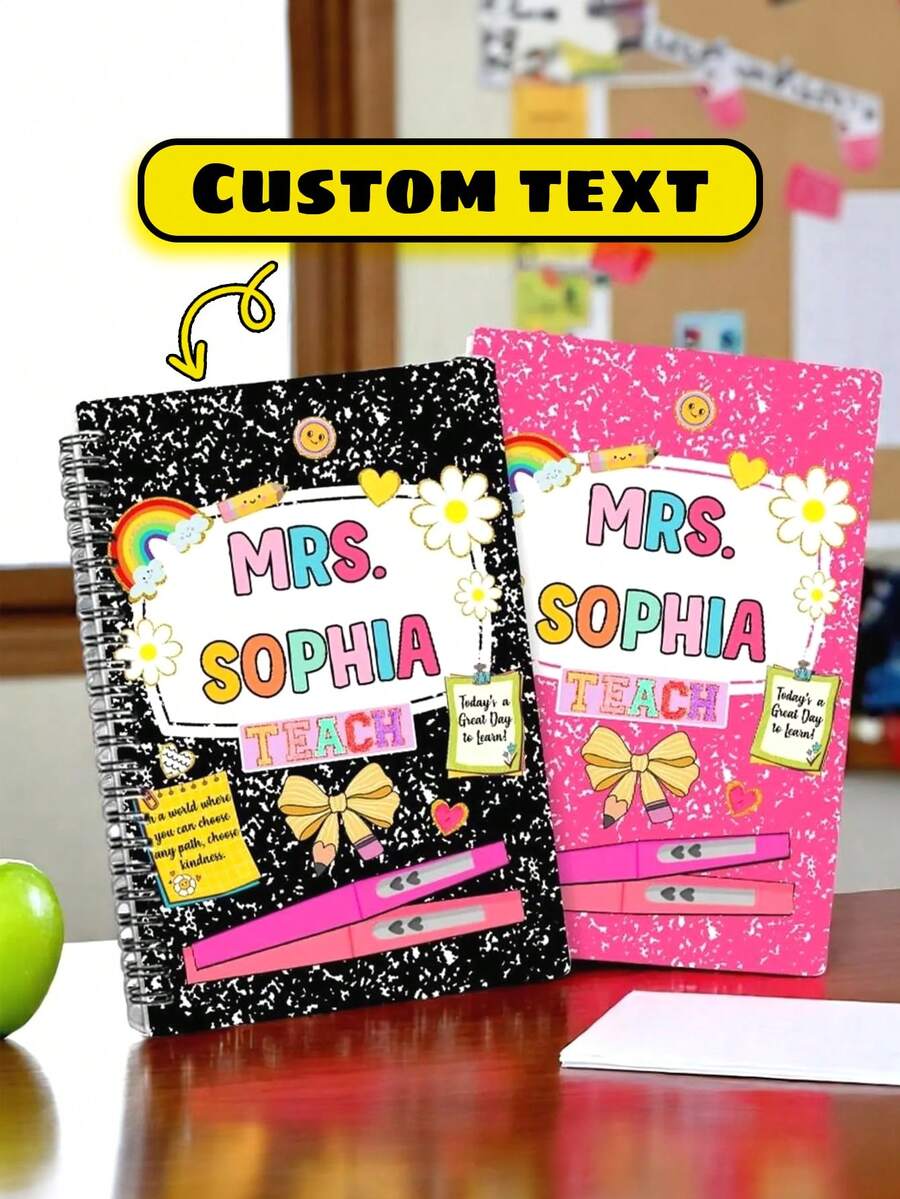 Cuaderno personalizado con espiral, escala horizontal y líneas para maestros, regalo de aprecio a maestros, regalo de regreso a clases, regalo del Día del Maestro, expresión de gratitud a maestros, útiles escolares, regreso a clases, útiles escolares con dibujos animados, kawaii, personalizado, único, personalizado, trabajadores, clientes, estudiantes, para negocios/trabajo/oficina, para la escuela
