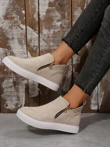 2025秋冬女式踝靴和短靴，卡其色平底靴，新款女式拉链短靴 - 米色 - 查看 3