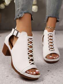 1 Paar bequeme, elegante Damen Sandaletten mit Reißverschluss, Rücken im neuen römischen Stil, Boho-Schnalle, Hochabsatz, für Partys, Festivals, ganzjährig