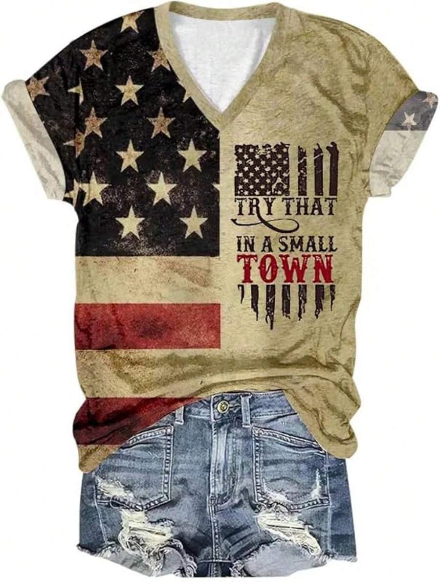 4th Of July V Neck Patriotic T-Shirts Women American Flag Print Faith Family Freedom Letter Casual Short Sleeve Tee Tops Halloween Christmas New Year - Tie Dye-2 - 查看 1