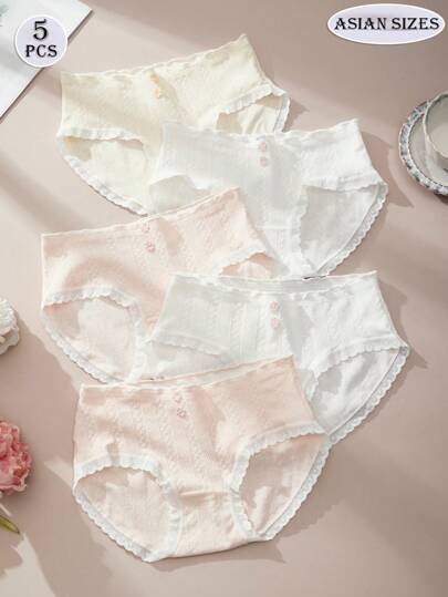 Calcinhas femininas com 5 peças, renda ondulada, design fofo e delicado, tecido de malha respirável e confortável, calcinha branca, calcinha rosa, flores rosa, roupa íntima feminina fofa, uso diário, roupa de casamento para festas, estilo fada