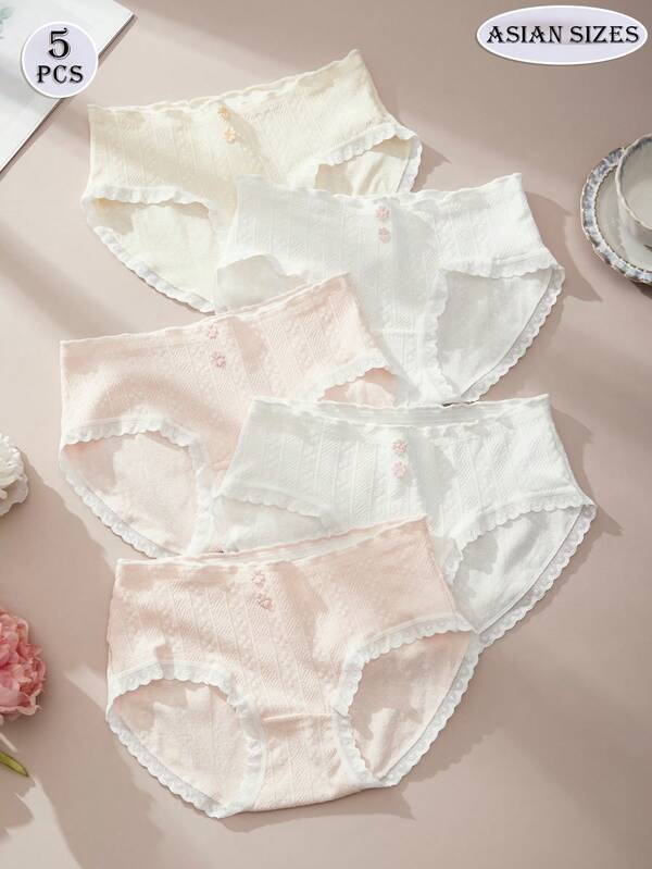 5pcs Women's Briefs, Wavy Lace, Cute Sweet Pattern Design, Breathable And Comfortable Knitted Fabric, White Panties, Pink Panties, Pink Flowers, Women's Cute Underwear, Daily Wear, Holiday Wedding Wear, Fairy Style