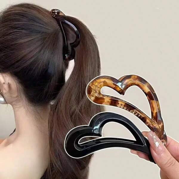 2 peças de garra de cabelo de plástico novo em formato de coração, âmbar, preto brilhante, acessórios de cabelo femininos elegantes e sofisticados, modernos e versáteis. ,Presilha de garra plana, Presilhas de garra, Presilhas para cabelo, Presilhas de cabelo, Grampos de cabelo